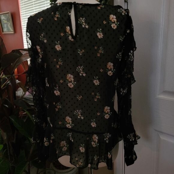 Sexy Black Ruffle Top Blouse Floral Print Polka Dot Modern Contemporary Small - Picture 7 of 9